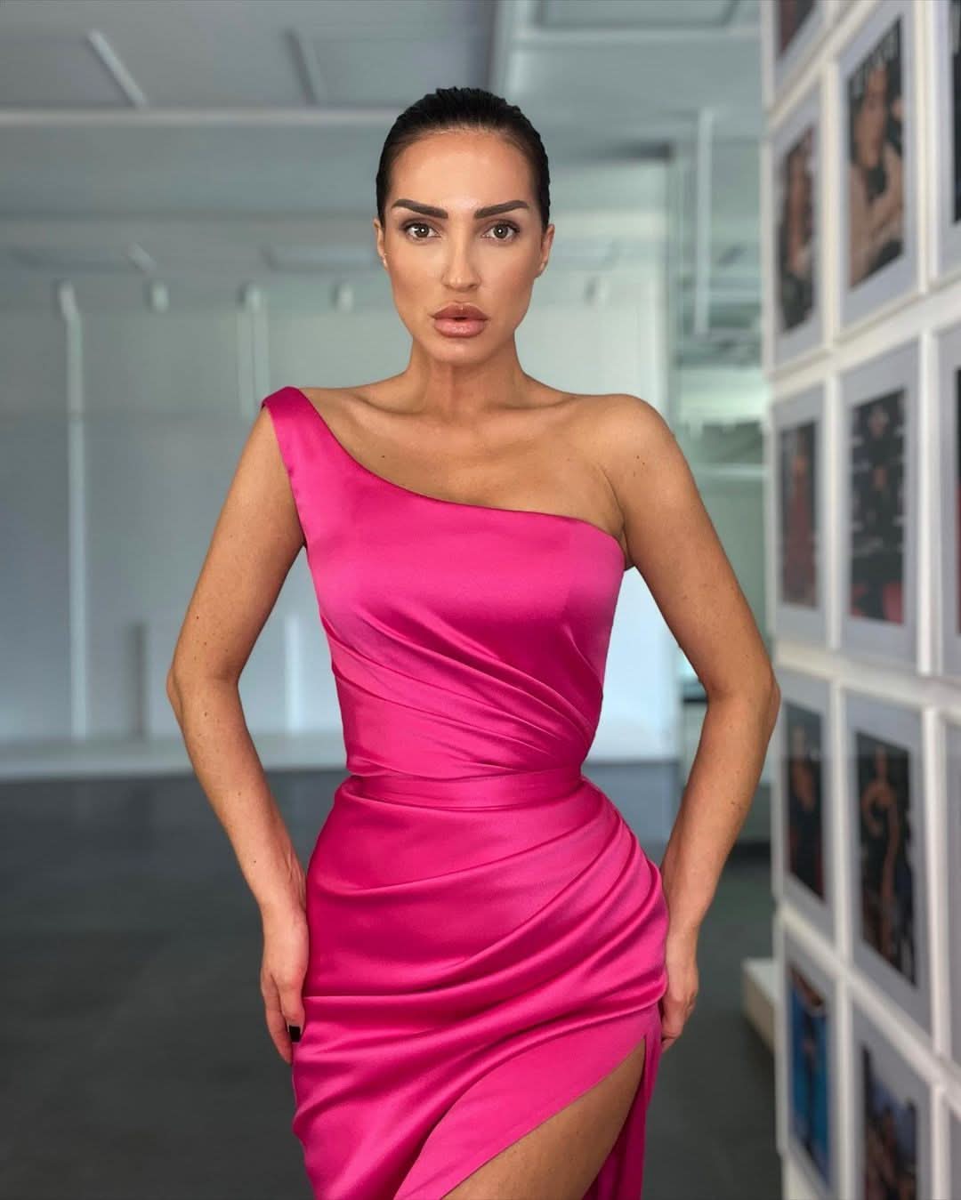 Elegant Rose One Shoulder Evening Dress with Sleeveless and Slit BM bride