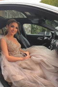 A-Line V-Neck Sleeveless Tulle Lace Wedding Dress with Feathers BM bride