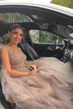 A-Line V-Neck Sleeveless Tulle Lace Wedding Dress with Feathers BM bride