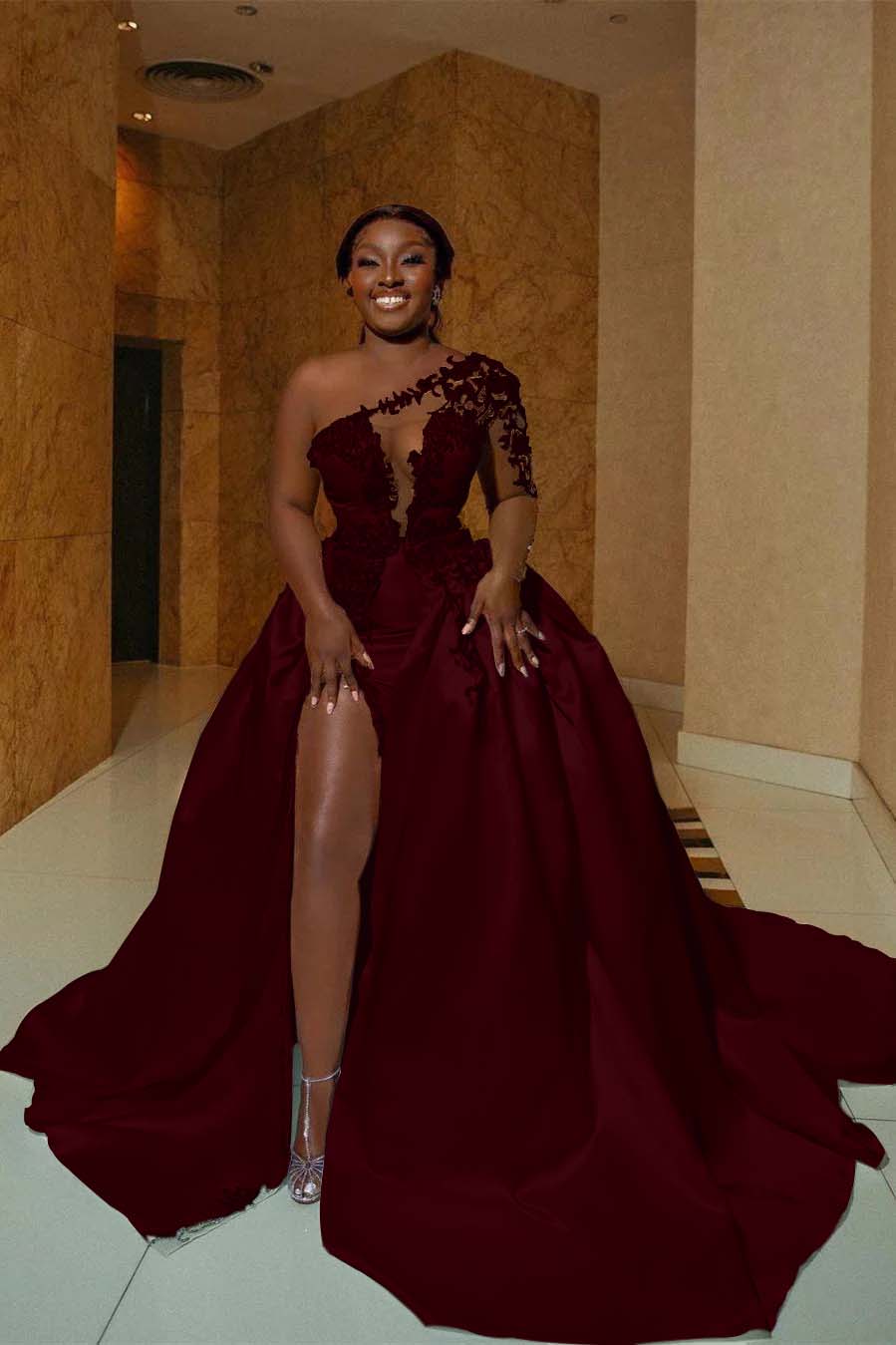 One Shoulder Sleeveless Long Split Prom Dress With Appliques BMBRIDE