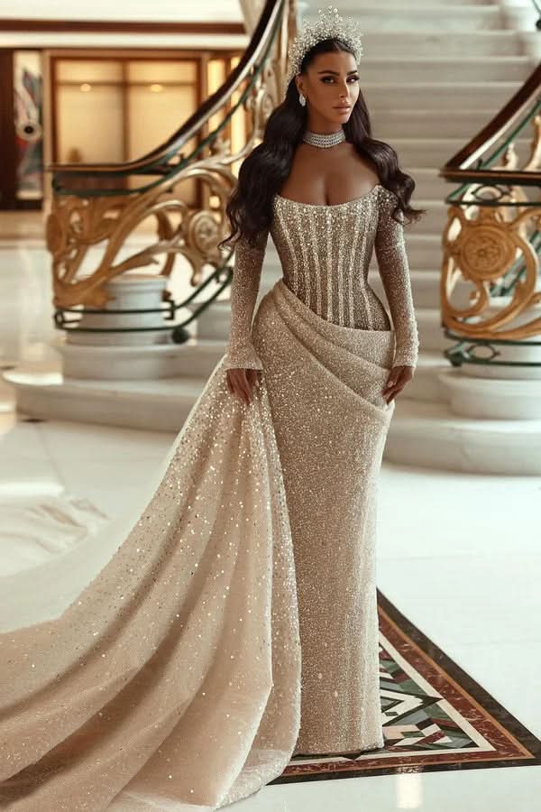 Champagne Long Sleeves Mermaid Sequin Wedding Dress Pleated BM bride