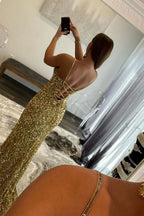 Charming Mermaid V Neck Gold Sequins Long Prom Dress with Slit BM bride