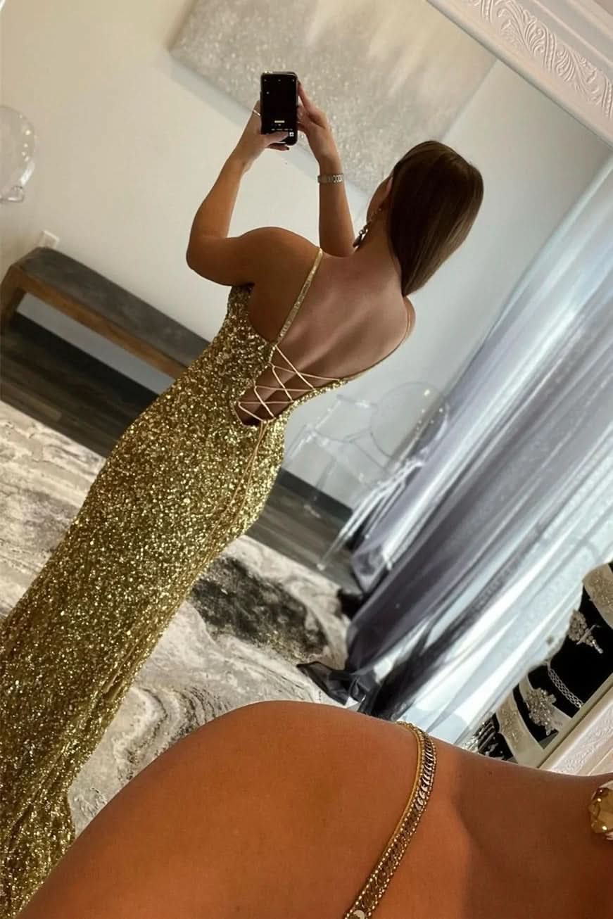 Charming Mermaid V Neck Gold Sequins Long Prom Dress with Slit BM bride