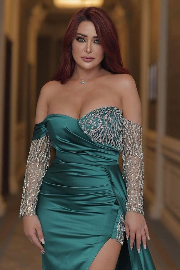 Sexy Emerald Green Off the Shoulder Long Sleeves Mermaid Prom Dress With Beading Split BMBRIDE