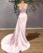 Ivory Elegant One-Shoulder Appliqued Mermaid Prom Dress with Ruffles BM bride