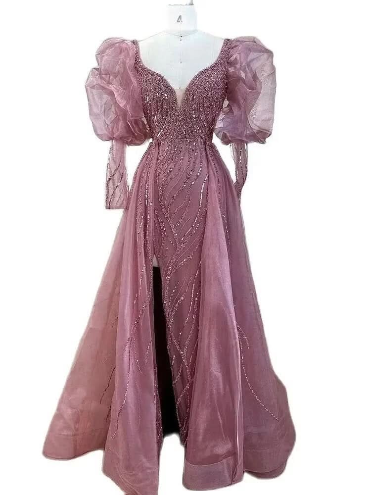 Pink Mermaid High Split Evening Dress, Beaded Bubble Sleeve BM bride