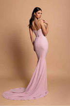 Pink Strapless Sleeveless Long Mermaid Prom Dress With Beading