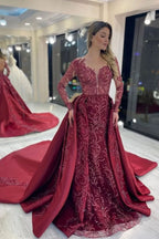 Elegant Rose Long Sleeve Mermaid Evening Dress with Applique Sequins BM bride