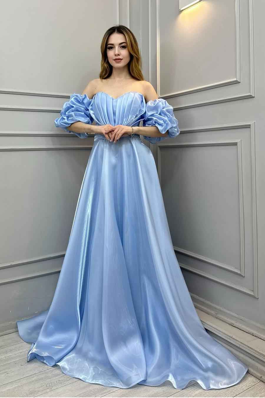 Off the Shoulder Bubble Sleeves Long Prom Dress With Pleated