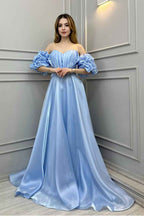 Off the Shoulder Bubble Sleeves Long Prom Dress With Pleated