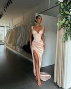 Blushing Pink Pleated V-Neck Prom Dress with High Slit BM bride