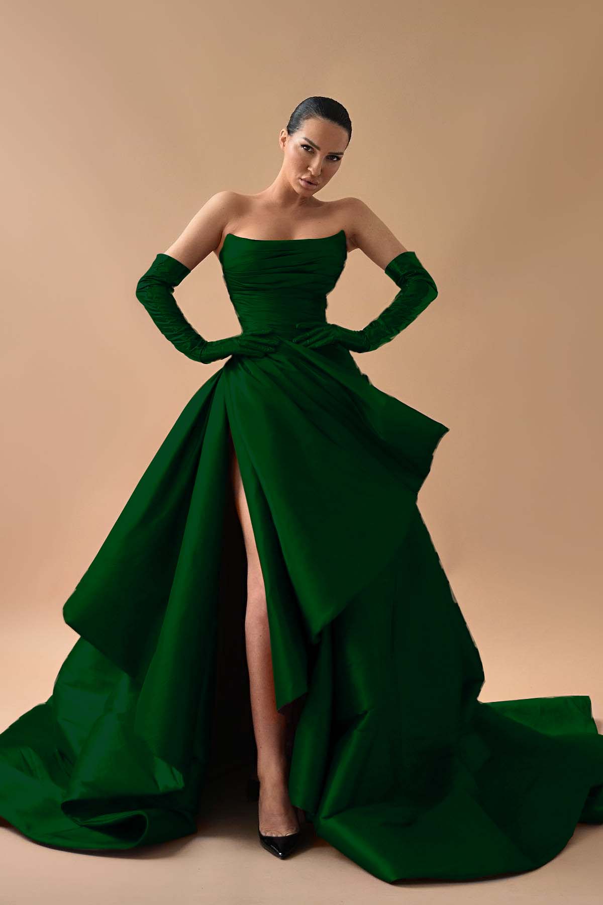 Strapless Sleeveless Long Split Prom Dress With Gloves Pleated BMBRIDE