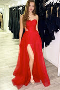 Sweetheart Strapless Sleeveless Red Elegant Evening Dress With High Split