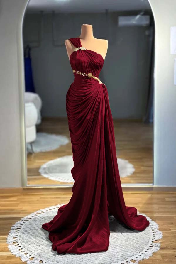 One Shoulder Sleeveless Long Mermaid Prom Dress With Pleated BMBRIDE