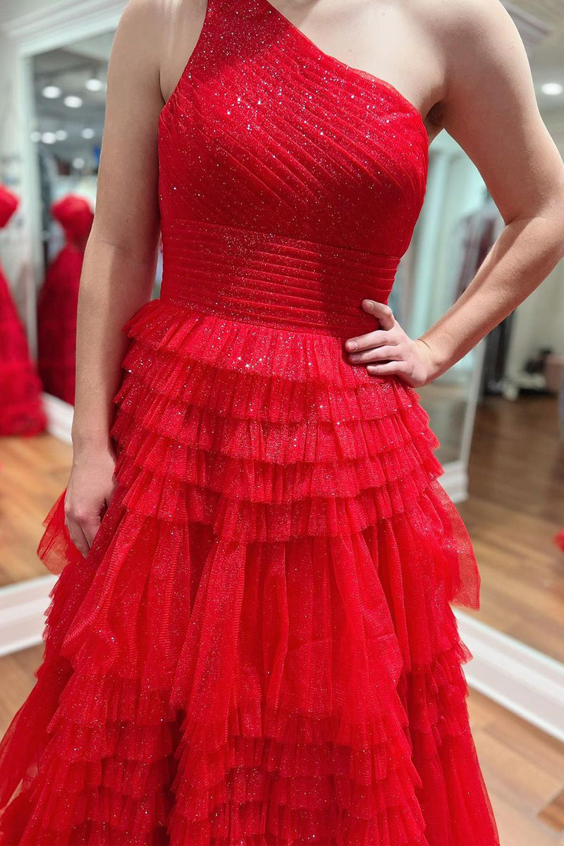 Sparkly Red One-Shoulder Ruffle Tulle A-Line Long Prom Dress BM bride