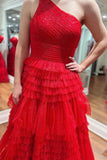 Sparkly Red One-Shoulder Ruffle Tulle A-Line Long Prom Dress BM bride
