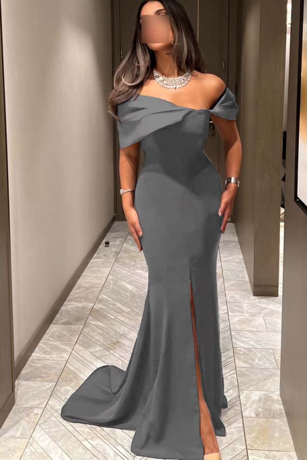 Off the Shoulder Sleeveless Long Mermaid Prom Dress With Pleated BMBRIDE