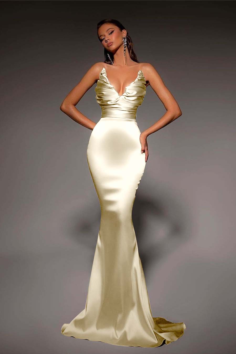 Strapless V Neck Sleeveless Long Mermaid Prom Dress With Pleated BMBRIDE