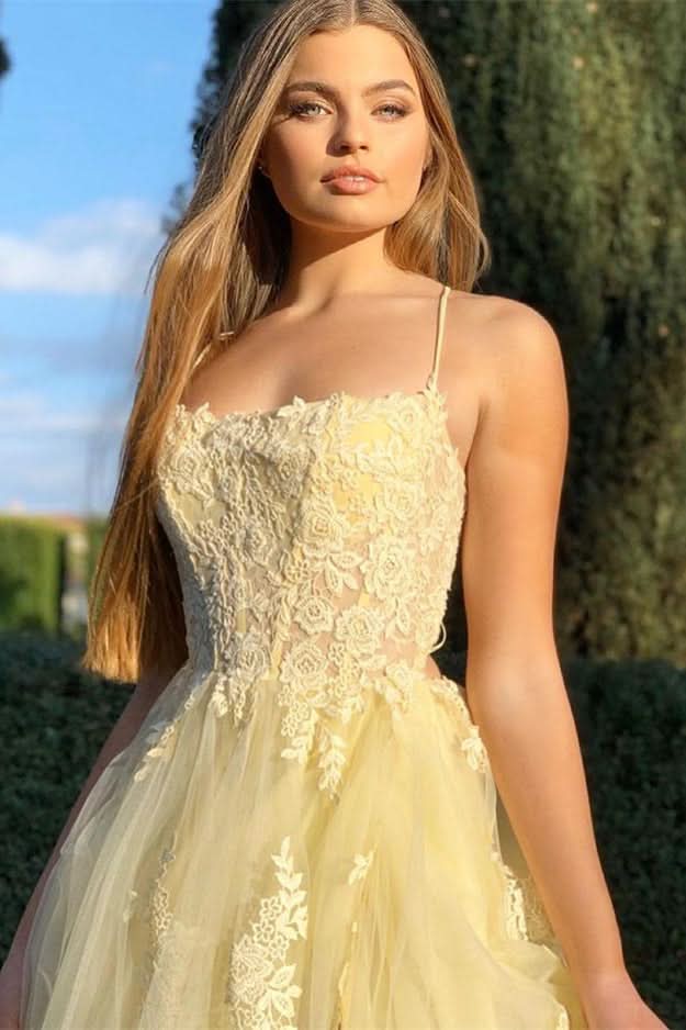 Daffodil Spaghetti-Strap Lace Appliqued Mermaid Prom Dress with Split BM bride