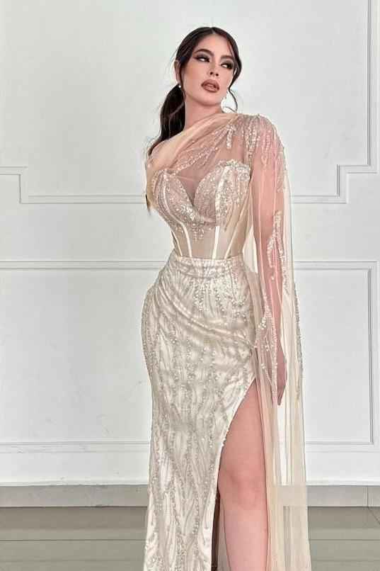 Champagne Sweetheart Sleeveless Beadings Long Prom Dress With Side Split