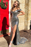 Stunning Silver Off-the-Shoulder Sequins Long Prom Dresses,Formal Dresses,Prom Gowns,Women Formal Gowns,Quincea?Era Dresses,Cocktail Dresses,Prom Dress Custom Size with Slit BM bride