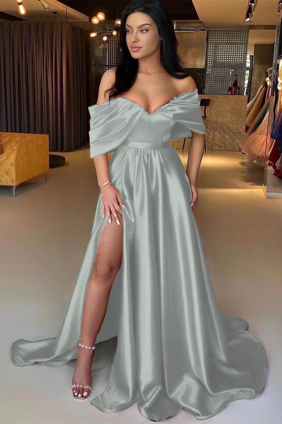 Charming Red A Line Off the Shoulder Strapless Long Prom Dress With Split BMBRIDE