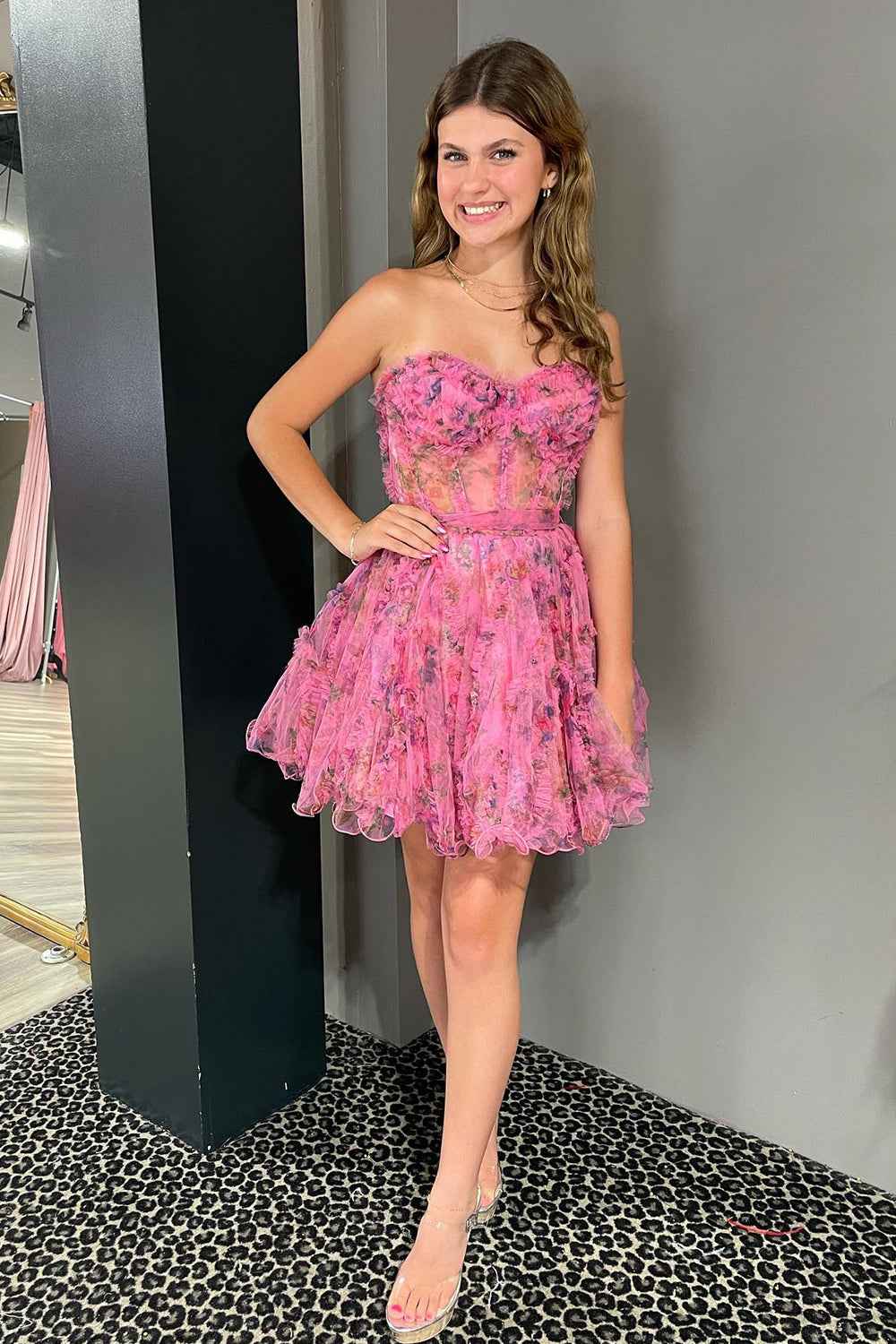Lilac Corset Sweetheart Floral A-Line Short Homecoming Dress with Ruffles Bmbride