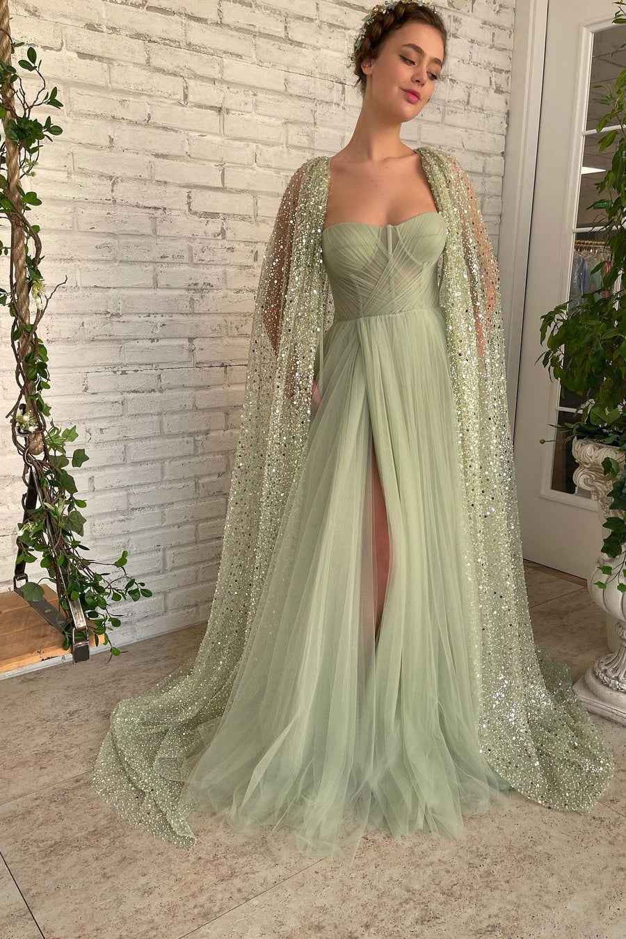 Light Green Sweetheart Tulle Split Prom Dress With Sage Sparkly Sequins Cape