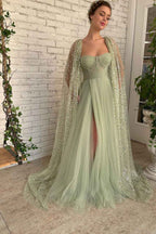 Light Green Sweetheart Tulle Split Prom Dress With Sage Sparkly Sequins Cape