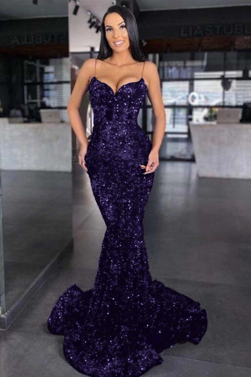 Sweetheart Royal Blue Spaghetti Strap Mermaid Long Prom Dress With Sequins BMBRIDE