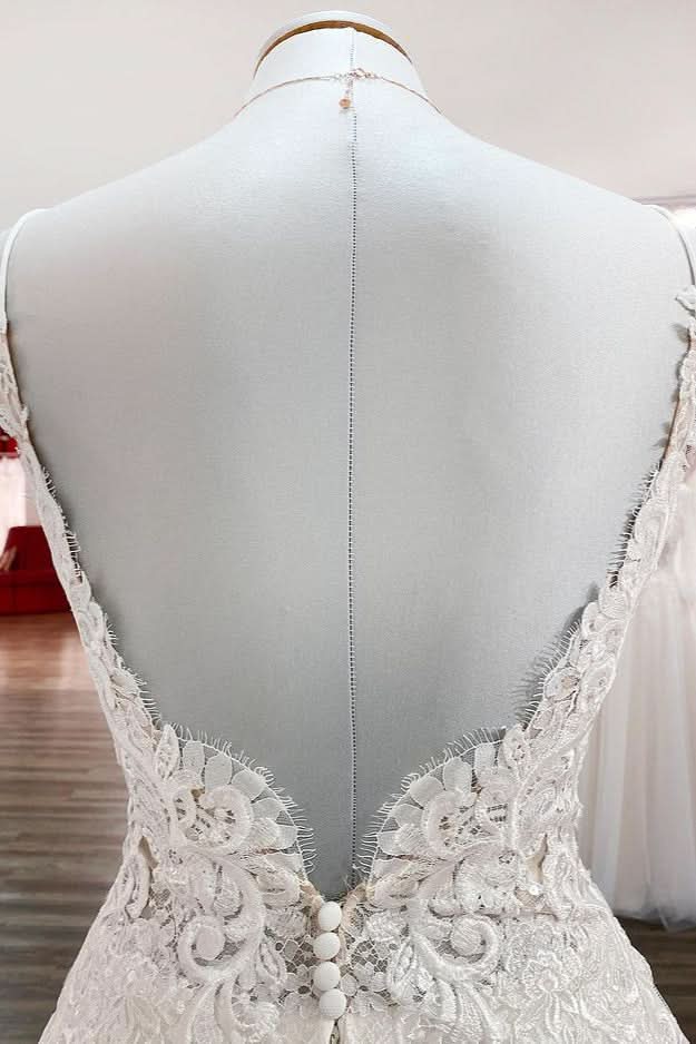 V-Neck Sleeveless Long A-Line Tulle Wedding Dress with Lace Ruffles BM bride