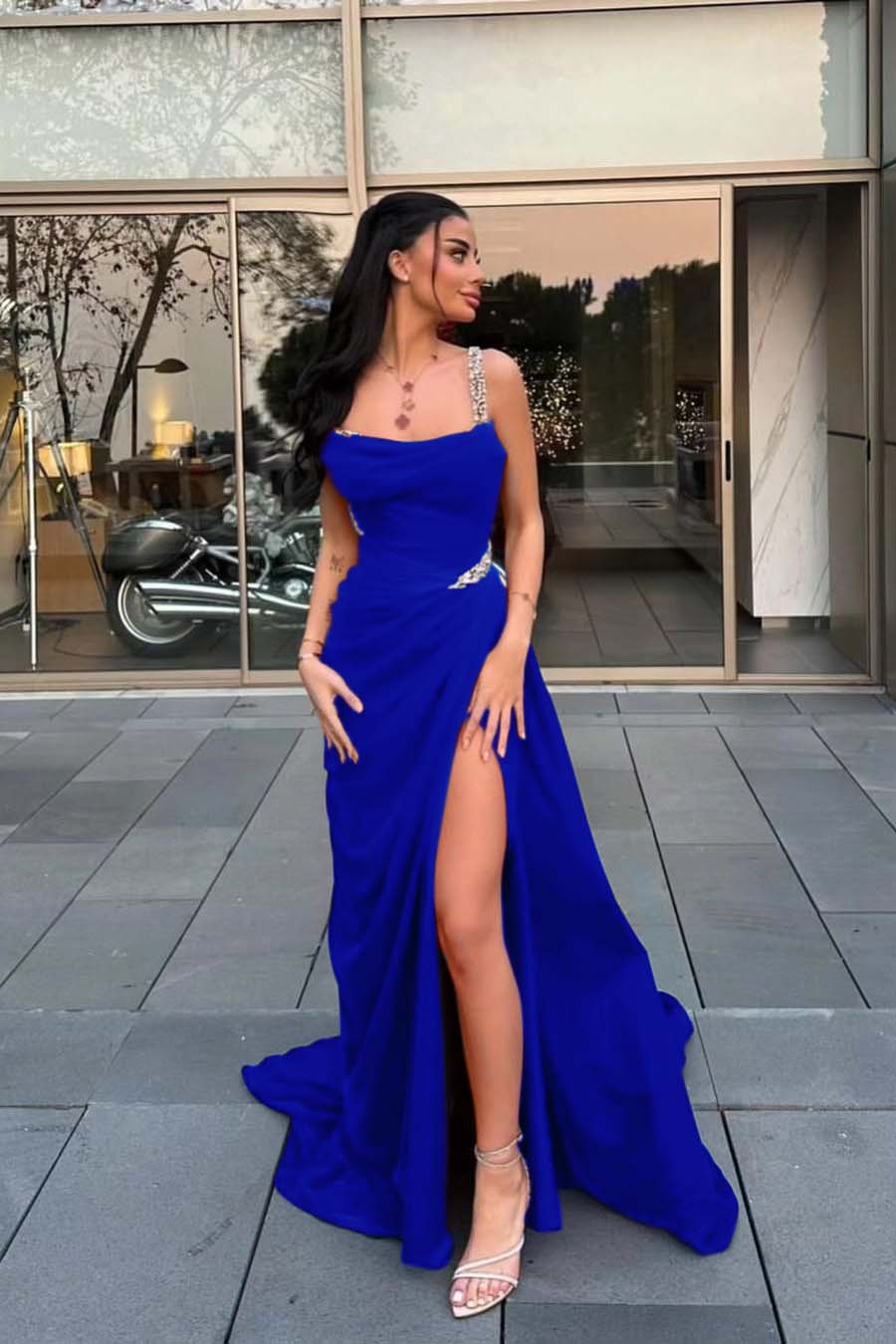 Spaghetti Strap Sleeveless Long Prom Dress With Split Beading BMBRIDE