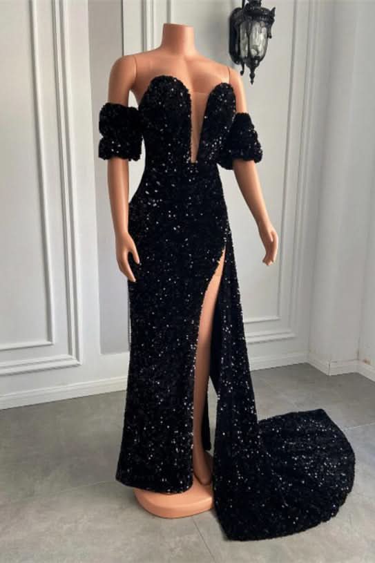 Bubble Sleeves Strapless Mermaid Prom Dress with Split BM bride
