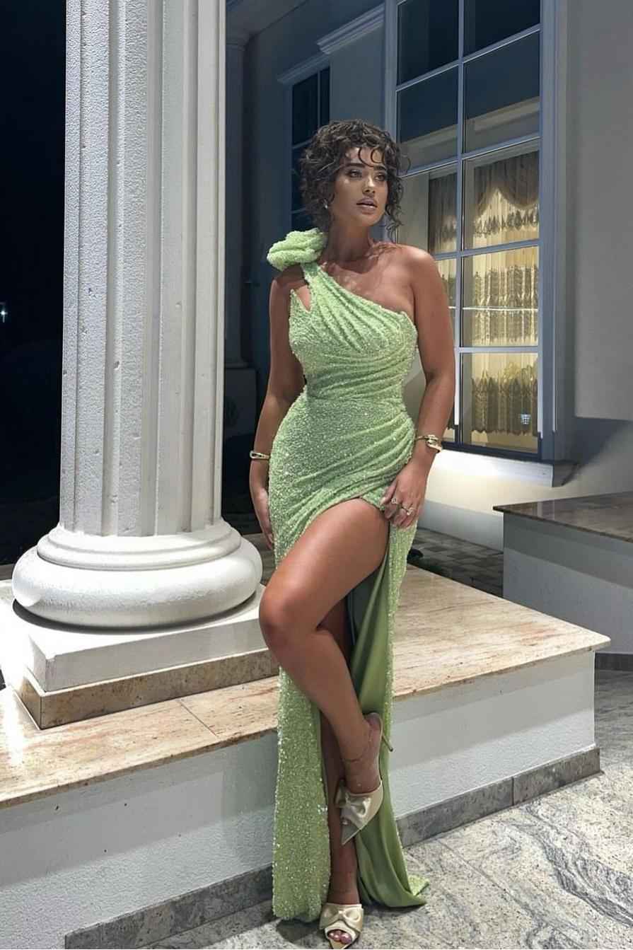 Sequins One Shoulder Sleeveless Split Long Prom Dress With Pleated
