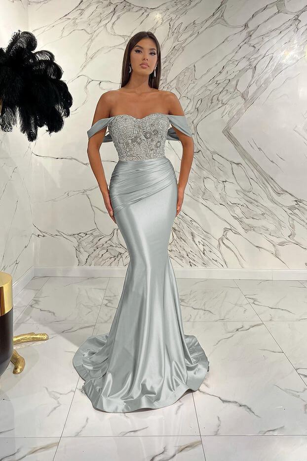 Gorgeous Off the Shoulder Mermaid Sequins Prom Dress With Beading Pleated BMBRIDE