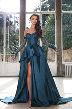 Glamorous Ink Blue Half Sleeves Prom Dress with Strapless High Slit Gown BM bride
