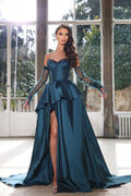 Glamorous Half Sleeves Ink Blue Prom Dress Strapless With High Split Gown BMBRIDE