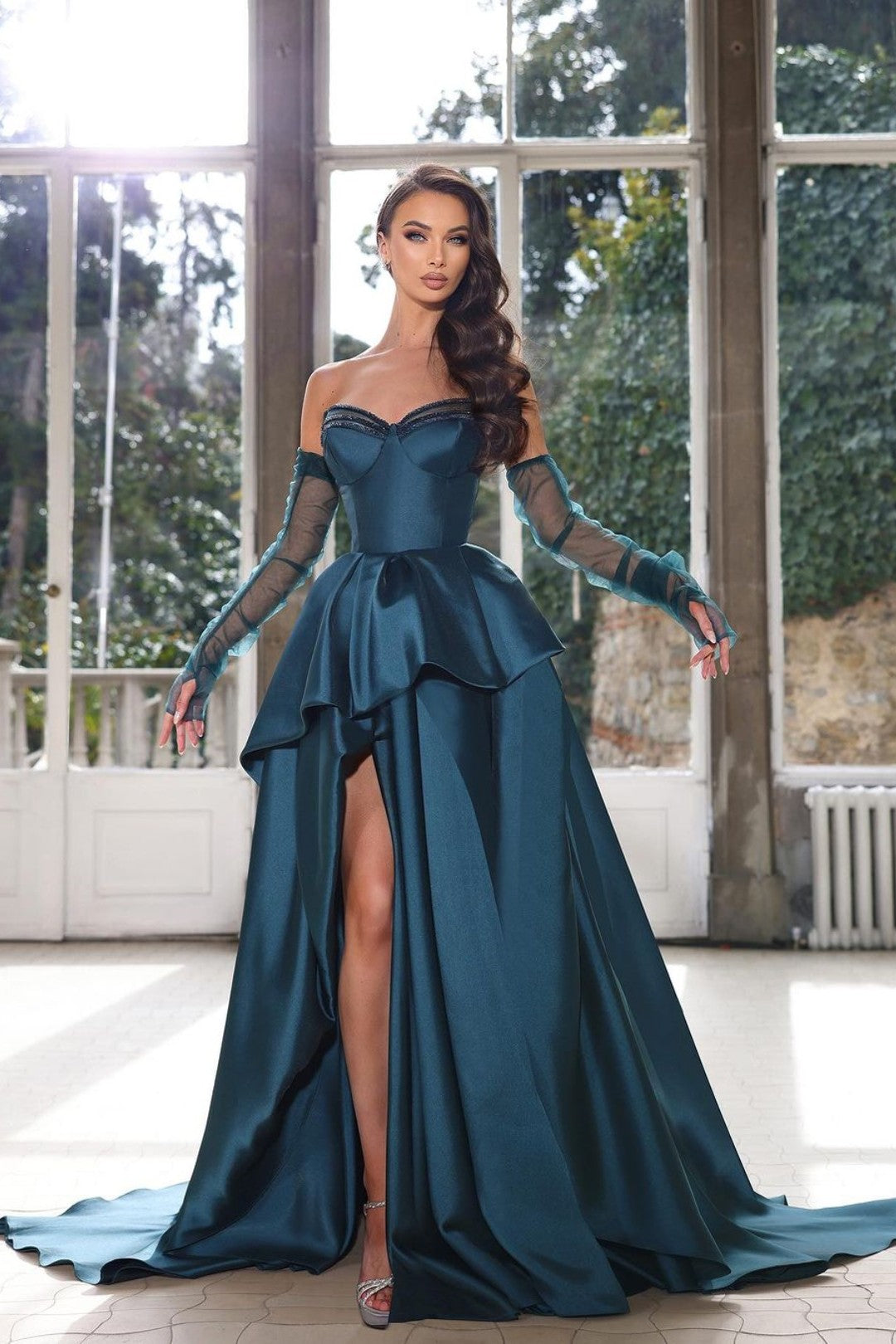 Glamorous Half Sleeves Ink Blue Prom Dress Strapless With High Split Gown BMBRIDE