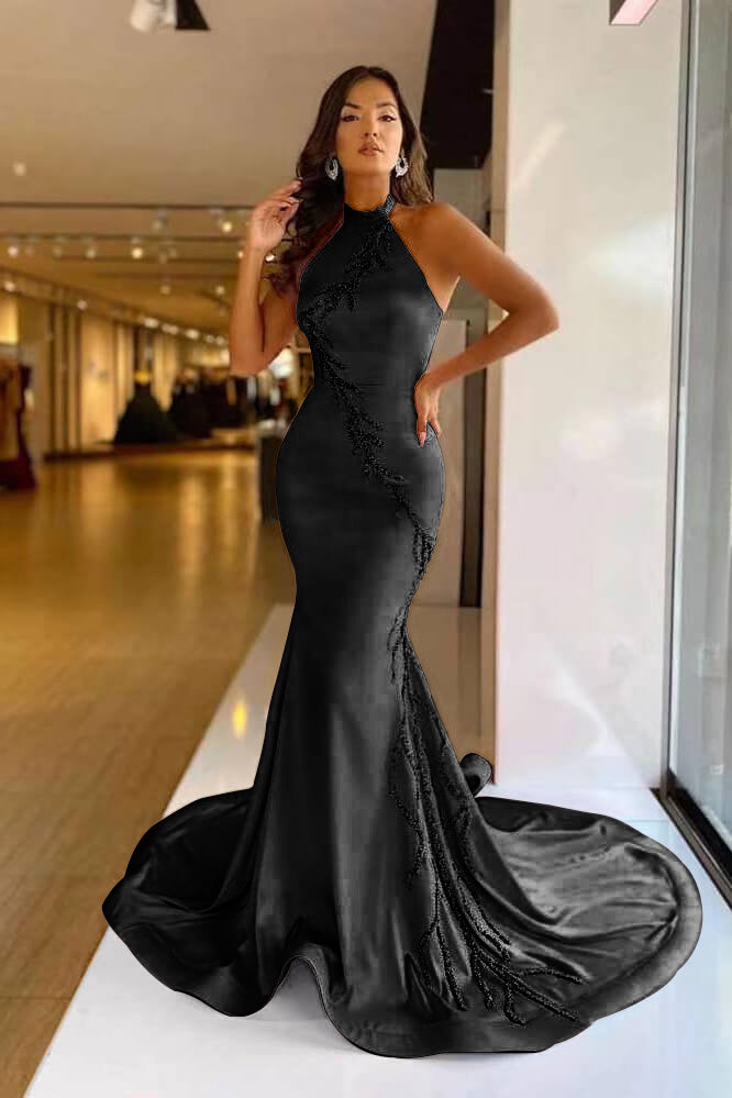 Elegant High Neck Pink Mermaid Prom Dress with Appliqued BM bride