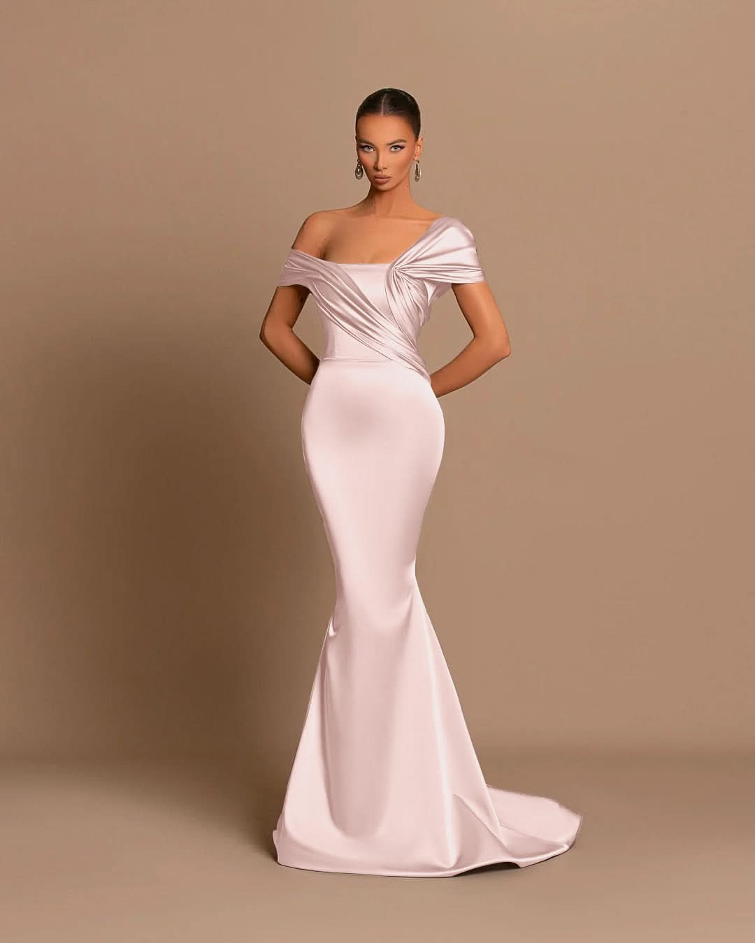 Grey Off-The-Shoulder Bateau Pleated Ball Gown Evening Dress BM bride
