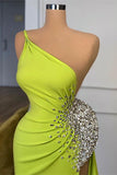 Green One-Shoulder Sleeveless Beaded Mermaid Prom Dress with Split BM bride