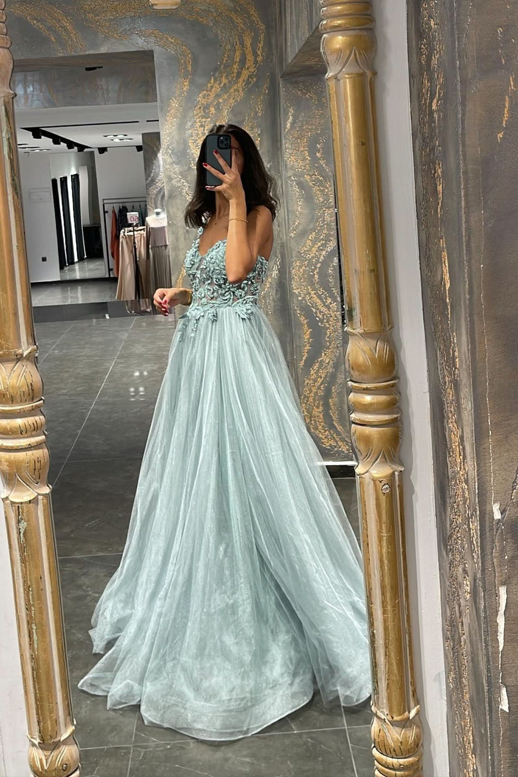 Elegant Spaghetti-Strap Mermaid Prom Dress with Appliques and Beadings BM bride