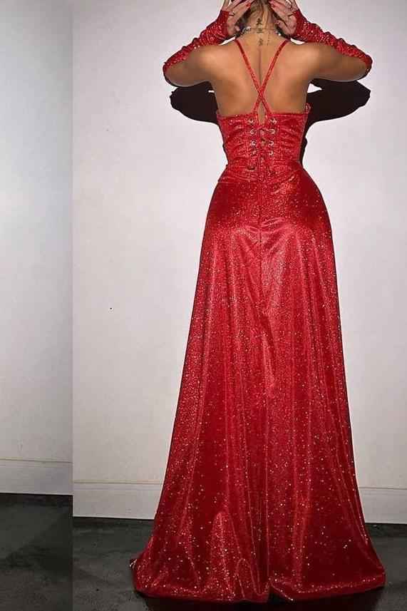 Sleeveless Spaghetti Strap Long Split Prom Dress With Sequins