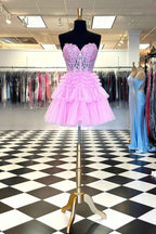 Sparkly Pink Corset Tiered Short A-Line Tulle Homecoming Dress with Lace Bmbride