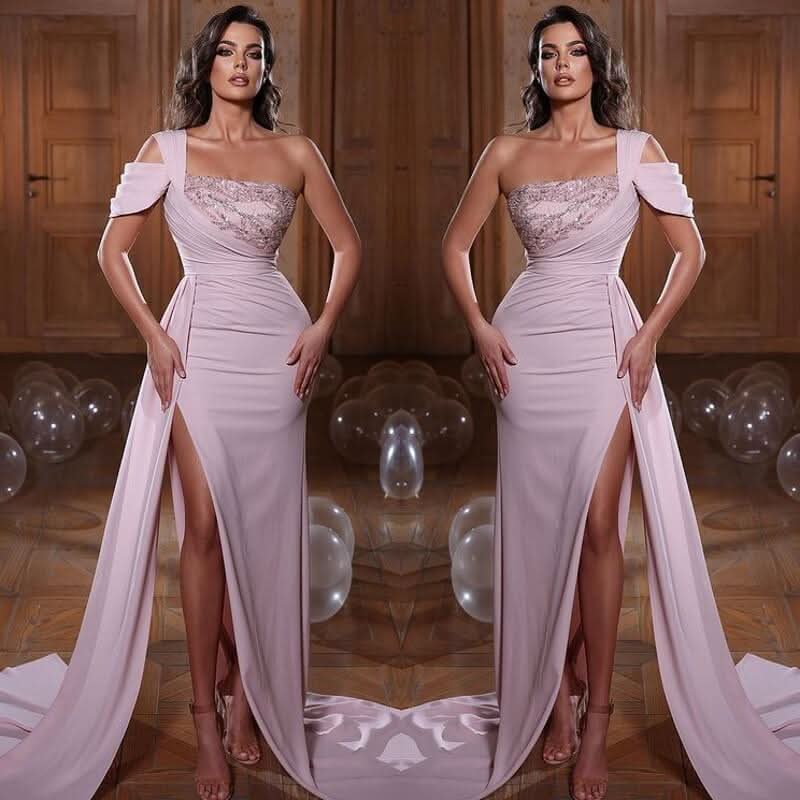 Glamorous One Shoulder Mermaid Evening Dress with Sequins Ruffles and Slit BM bride