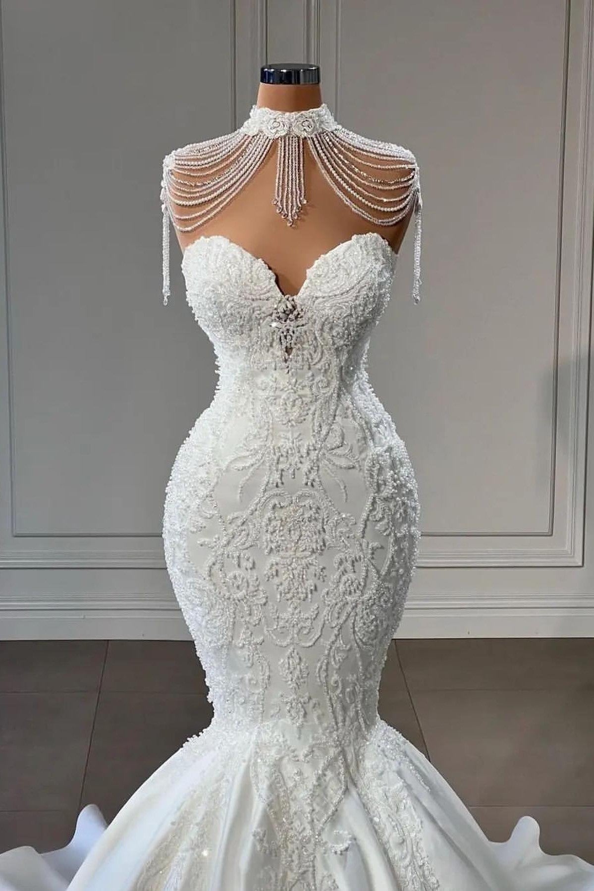 Long Sweetheart Satin Mermaid Wedding Dress with Pearl and Lace BM bride