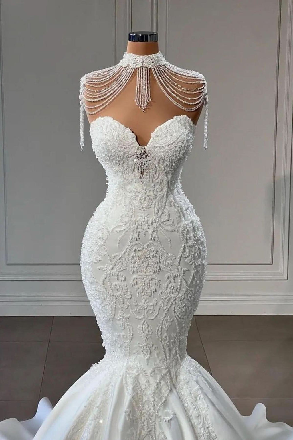 Long Sweetheart Satin Mermaid Wedding Dress with Pearl and Lace BM bride