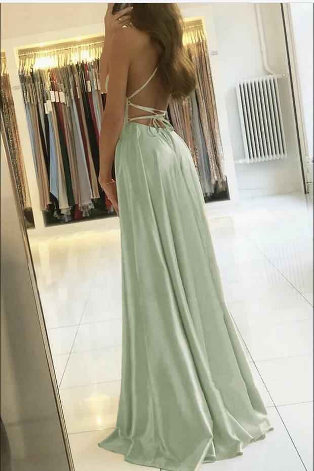 Charming Spaghetti Straps Backless Sleeveless Long Prom Dress With Split