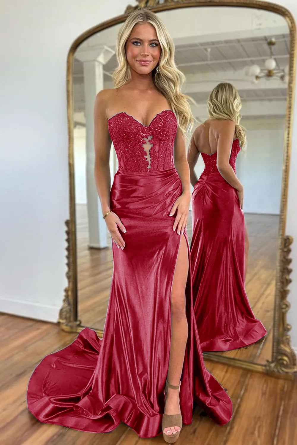 Navy Mermaid Sweetheart Long Corset Prom Dress with Slit