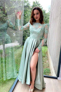 Dusty Sage Appliques Long Sleeves Prom Dress With Lace Split
